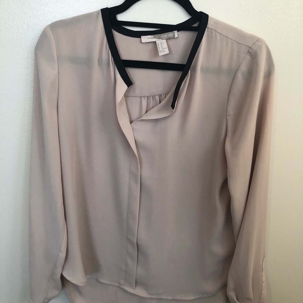 Forever 21 Tan Blouse Top with Black Collar